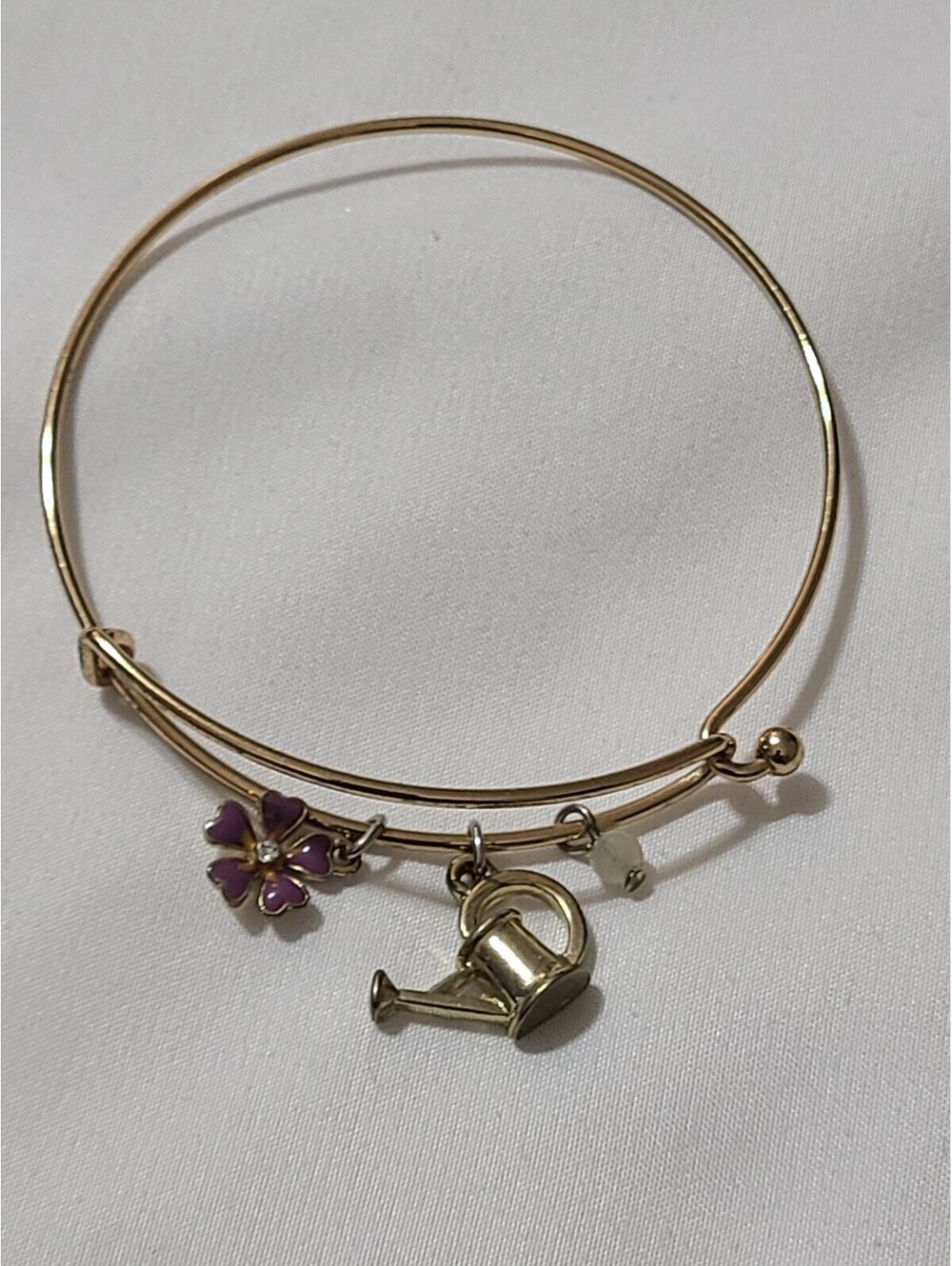 Gold Tone Expandable Charm Bangle Bracelet Watering Can Flower Garden Style EUC